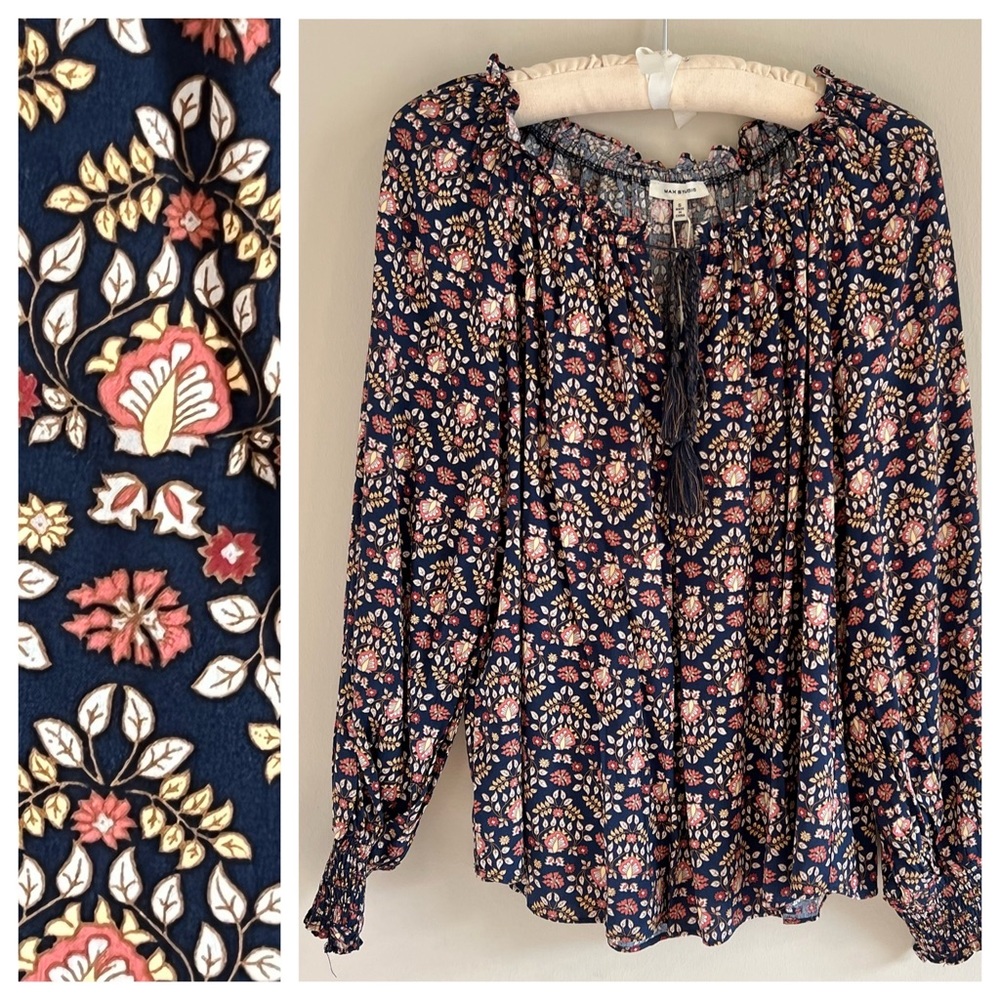 MAX STUDIO boho tunic top in navy coral yellow